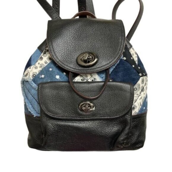 Coach Canyon Quilt Denim Patchwork Turnlock Rucksack Backpack - Picture 2 of 16